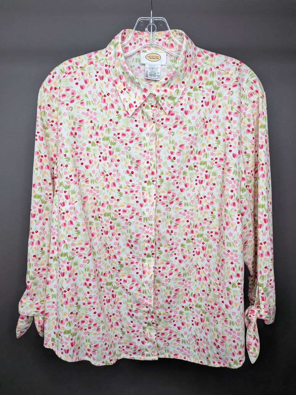 Talbots Floral Button-Up Shirt — Pink & Green Tulip Print